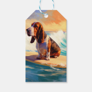 Étiquettes-cadeau Peinture de Basset Hound faisant du Surf sur la Pl