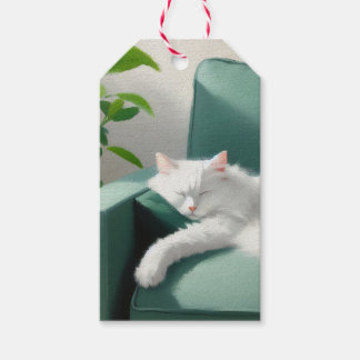 Étiquettes-cadeau Peinture de chat dormant sur un canapé vert