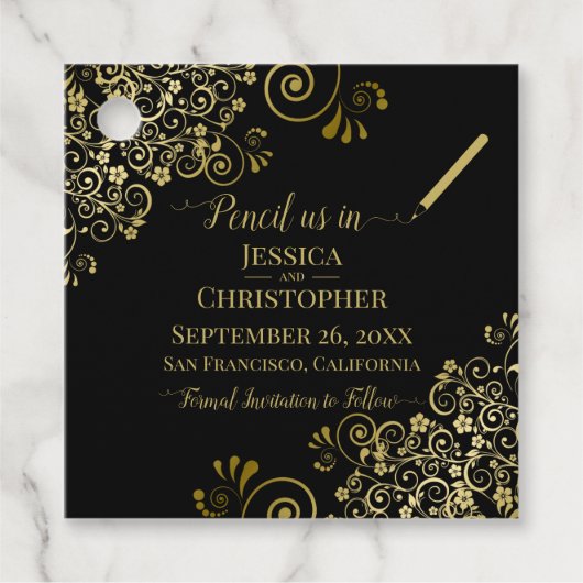 Étiquettes Cadeau Pensez-nous en mariage Enregistrer la date Or & No (Devant)