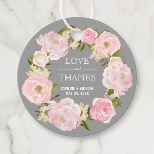 Étiquettes Cadeau Peonies rose pâle Gris Merci Mariage (Devant)