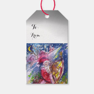 Étiquettes-cadeau PÈRE NOËL JOUANT DE LA HARPE Rouge Blanc Noël