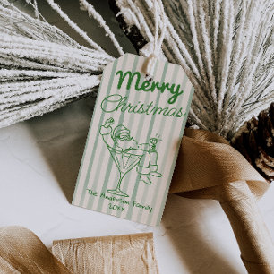 Étiquettes-cadeau Père Noël rayures vertes dessinées Rétro Noël
