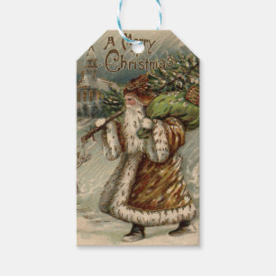 Étiquettes-cadeau Père Noël victorien avec arbre de Noël