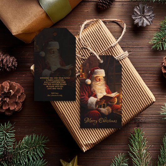 Étiquettes-cadeau Père Noël vintage Lecture d'un livre