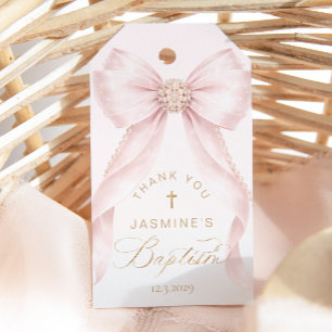 Étiquettes-cadeau Perles Baptême Arc Rose Merci