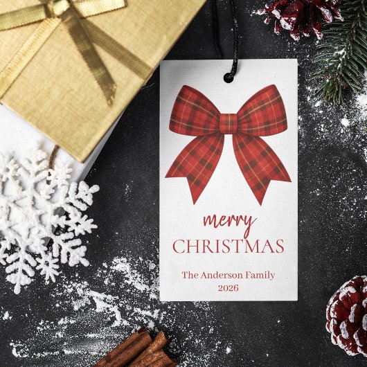 Étiquettes-cadeau Personalized Merry Christmas | Red Plaid Bow