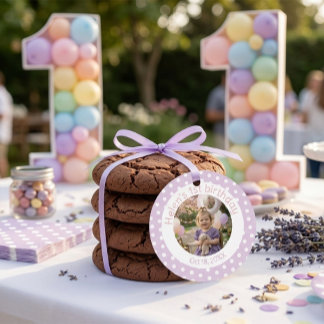 Étiquettes Cadeau Personalized Purple Polka Dot Photo 1st Birthday 