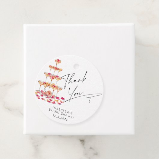 Étiquettes Cadeau Pétales et Prosecco Rose vif Mariage Remerciements (En situation)