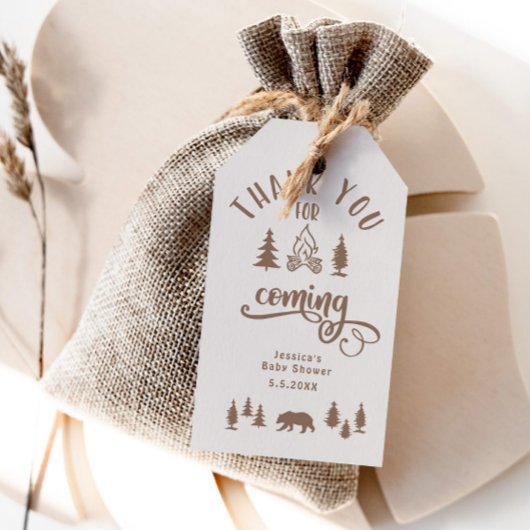 Étiquettes-cadeau Petit baby shower de forêt brun camper