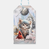 Étiquettes-cadeau Petit chaton avec oiseau. (Devant)