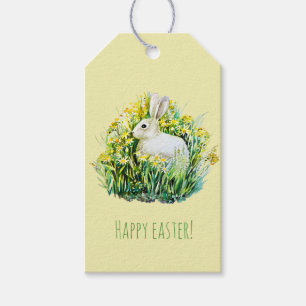 Étiquettes-cadeau Petit lapin blanc et fleurs