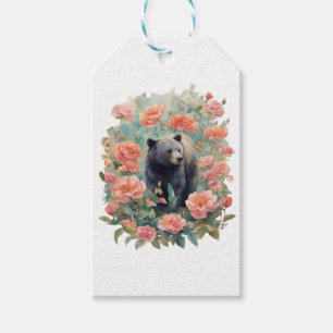 Étiquettes-cadeau Petit ours noir de l'Alabama entouré de camélia