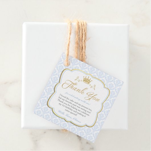 Étiquettes Cadeau Petit Prince Bleu Damas Gold Merci Couronne (En situation)