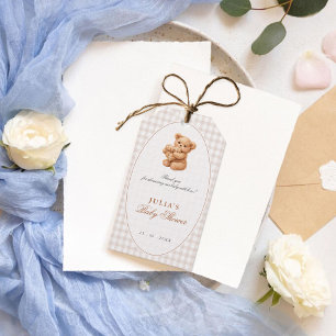 Étiquettes-cadeau Petite Fête de Naissance Ourson Marron Gingham