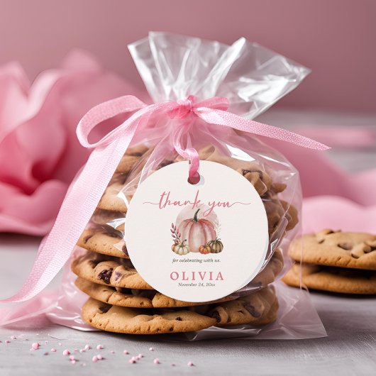 Étiquettes Cadeau Petite fille Citrouille Baby shower rose Merci