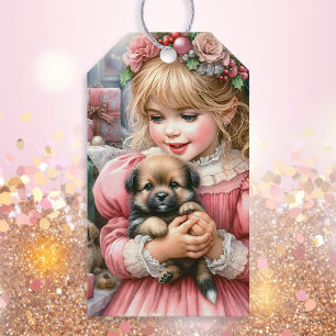 Étiquettes-cadeau Petite fille Vintage en rose avec des chiots Noël