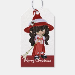 Étiquettes-cadeau Petite sorcière de Noël en cheveux noirs -