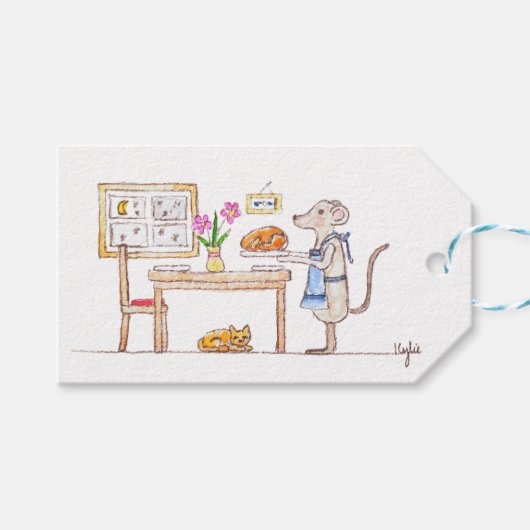Étiquettes-cadeau Petite Souris Avec Dinde (Devant (Horizontal))