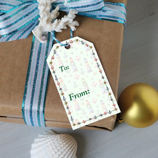 Étiquettes-cadeau Phare de Noël nautique sur Arrière - plan vert