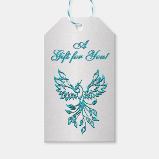 Étiquettes-cadeau Phoenix bleu turquoise avec texte sur argent (Devant)