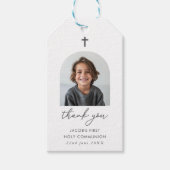 Étiquettes-cadeau Photo Arched First Communion Boy Merci (Devant)
