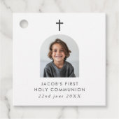 Étiquettes Cadeau Photo Arched First Communion Boy Merci (Devant)