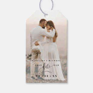 Étiquettes-cadeau Photo, Black Script Overlay, Mariage Enregistrer l