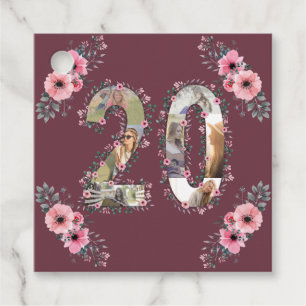 Étiquettes Cadeau Photo Collage Big 20th Birthday Girl Pink Flower