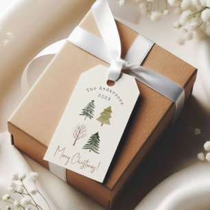Étiquettes-cadeau Photo de famille de Noël aux arbres de pin aquarel
