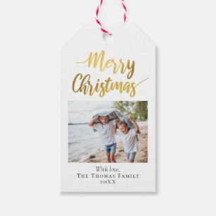 Étiquettes-cadeau Photo de famille de Noël Elégante et moderne Gold