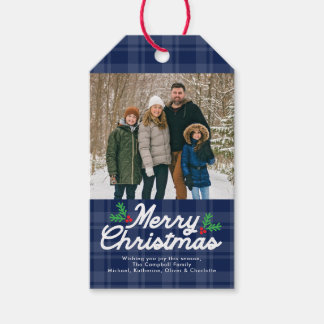Étiquettes-cadeau Photo de Joyeux Noël à carreaux bleus