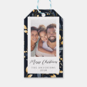 Étiquettes-cadeau Photo de la feuille de Noël bleu et or (Devant)