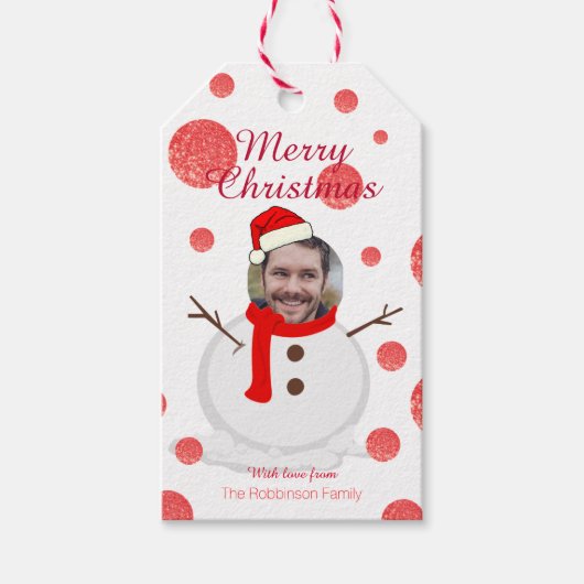 Étiquettes-cadeau Photo du visage snowman drôle (Devant)