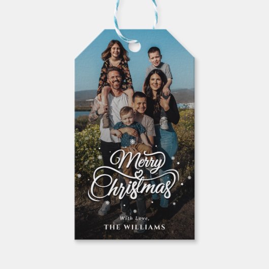 Étiquettes-cadeau Photo et nom de famille élégant | Joyeux Noël (Devant)