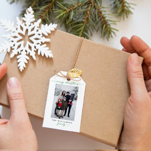 Étiquettes-cadeau Photo moderne Green Joyeux Noël Calligraphie