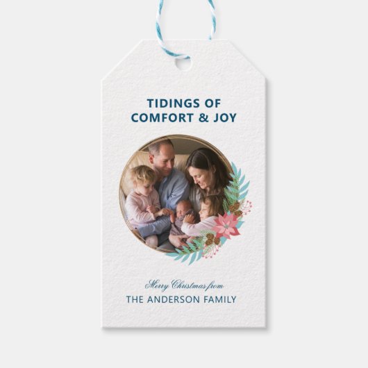 Étiquettes-cadeau Photo Noël Wreath Poinsettia (Devant)