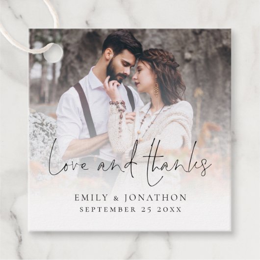 Étiquettes Cadeau Photo Overlay Love et Merci Mariage de script (Devant)