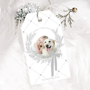 Étiquettes-cadeau Photo Silver Grey Christmas Wreath