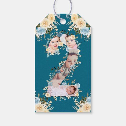 Étiquettes-cadeau Photo turquoise 2e anniversaire Collage bleu jaune (Devant)