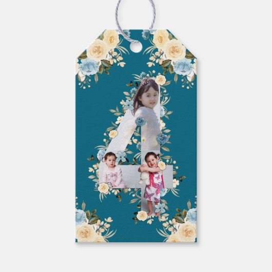 Étiquettes-cadeau Photo turquoise 4e anniversaire Collage Bleu Fleur (Devant)