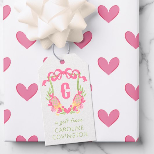 Étiquettes-cadeau Pickleball rose et vert Paddle Monogram Crest