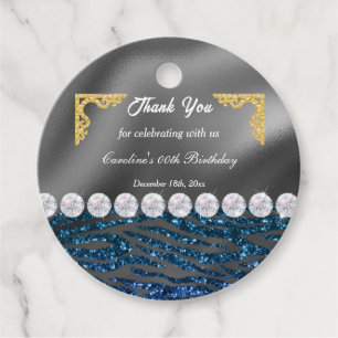 Étiquettes Cadeau Pile en argent chic et bleu foncé Zèbre imprimé