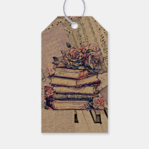 Étiquettes-cadeau Pile vintage de livres et de Roses