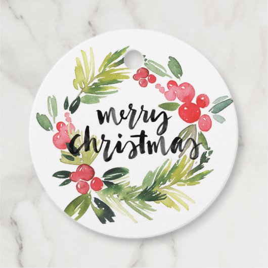 Étiquettes Cadeau Pin d'aquarelle et couronne blanche Joyeux Noël (Devant)