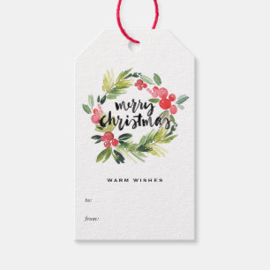 Étiquettes-cadeau Pin d'aquarelle et couronne blanche Joyeux Noël