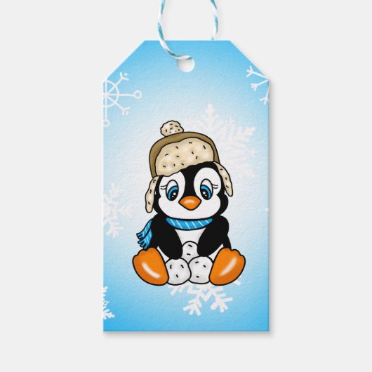 Étiquettes-cadeau Pingouin attrapé à la main avec boules de neige (Devant)