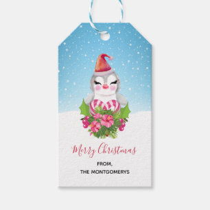 Étiquettes-cadeau Pingouin de Noël mignon à Santa Hat
