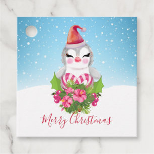 Étiquettes Cadeau Pingouin de Noël mignon à Santa Hat