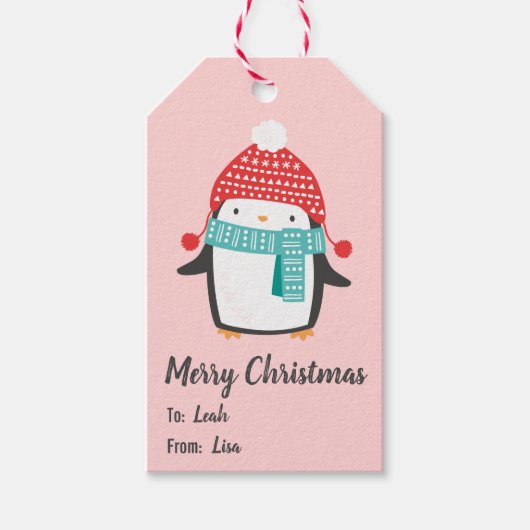 Étiquettes-cadeau Pingouin de Noël mignon sur rose clair (Devant)