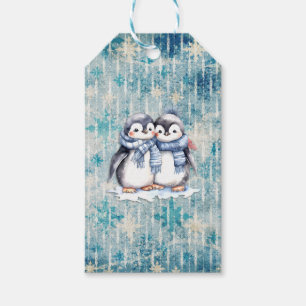 Étiquettes-cadeau Pingouins D'Aquarelle Bleu D'Hiver Avec Écharpes